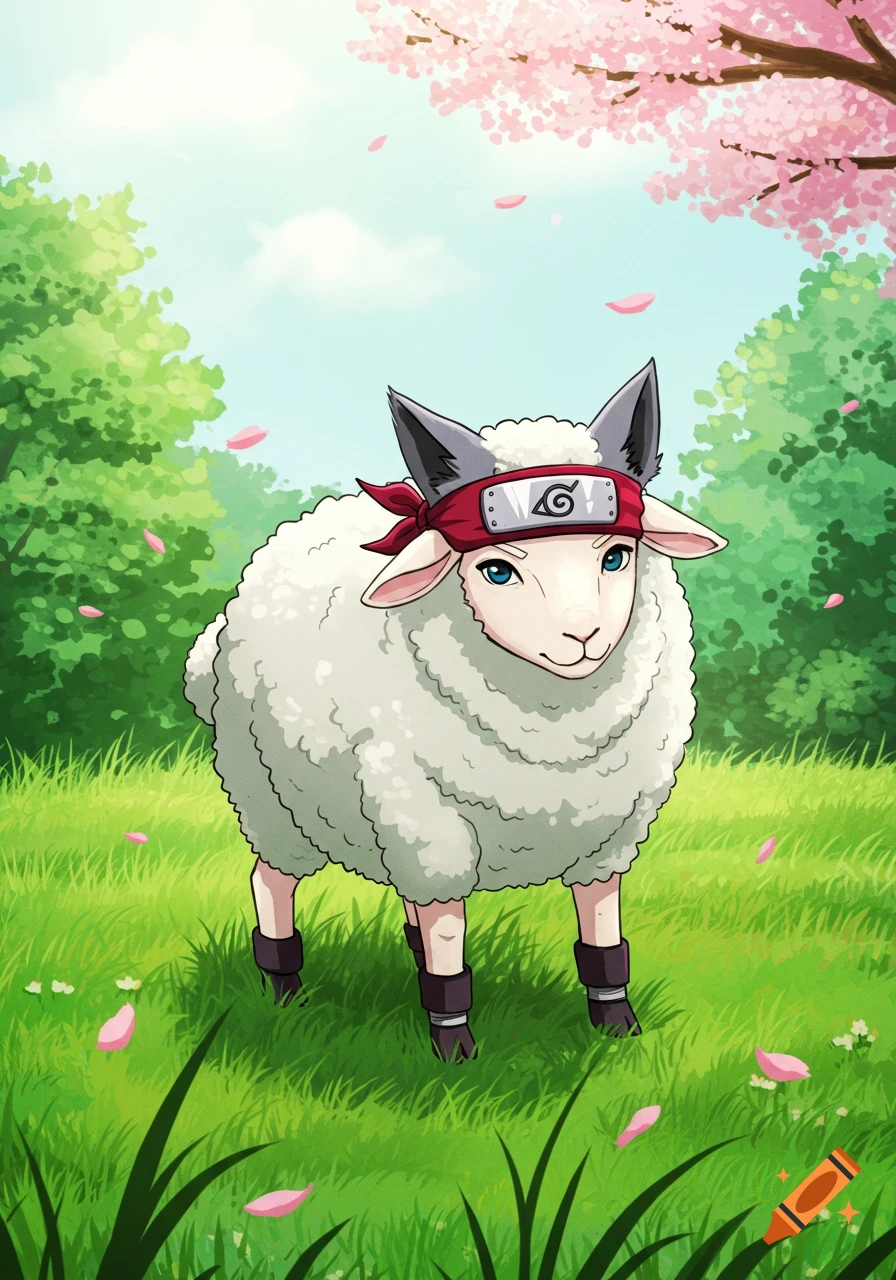A cute sheep with blue eyes, wolf ears, and a red Naruto headband stands in a vibrant green field under a cherry blossom tree with falling pink petals, in an anime art style.