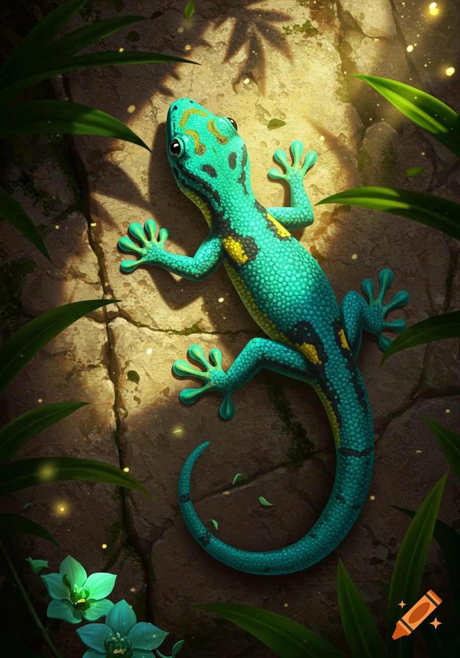 Vibrant teal, black, and yellow gecko on a sunlit rock amidst green foliage in a detailed illustration.