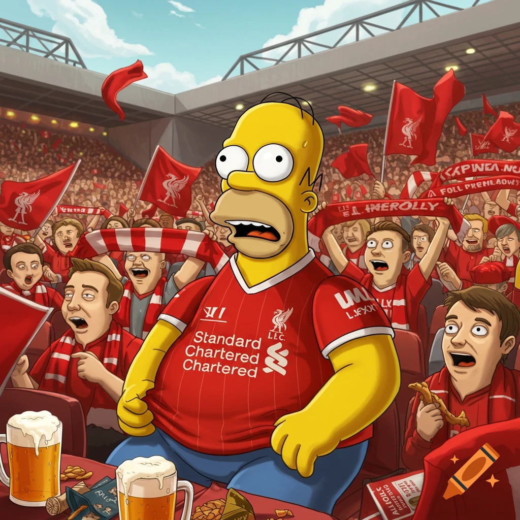Homer Simpson in a red Liverpool F.C. jersey, looking surprised, surrounded by cheering fans in a stadium, with two beer mugs and snacks on a table in front of him. The scene is in a cartoon style.