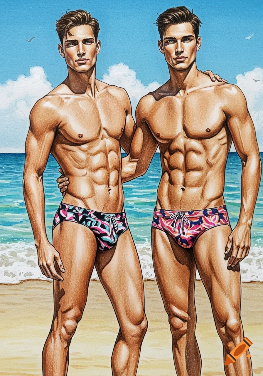 Two handsome male models in colorful swim briefs pose on a beach, rendered in a detailed colored pencil sketch style.