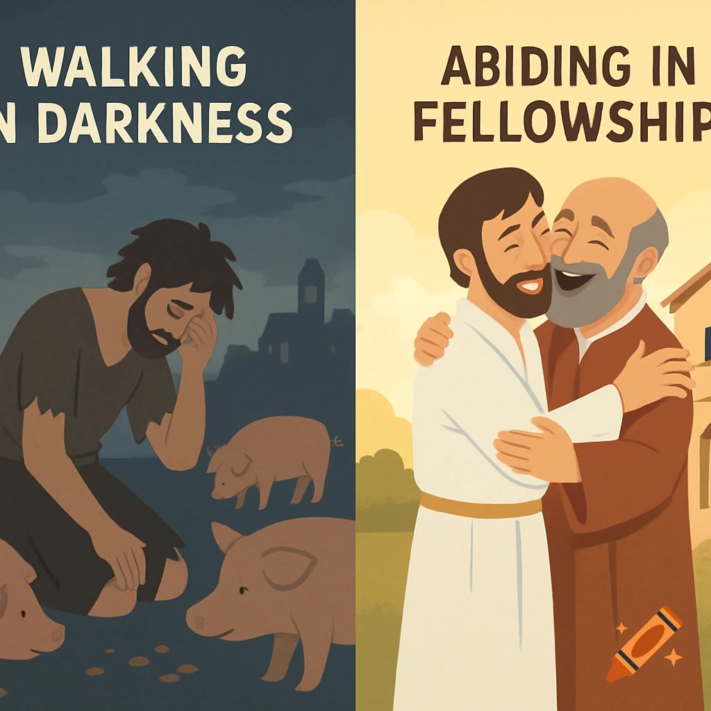 A split illustration. Left: Man in torn clothes kneels among pigs in darkness, with 'Walking in Darkness' text. Right: Same man embraced by an older, joyful man in warm light, with 'Abiding in Fellowship' text. Simple, clean illustration style.