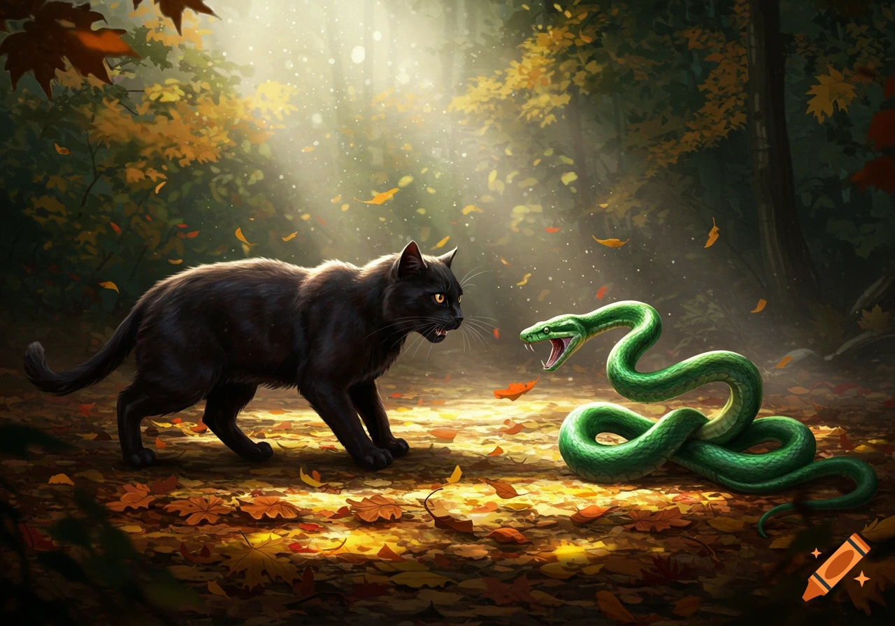 A black cat hisses at an emerald green snake in an autumn forest, light beams through the trees.