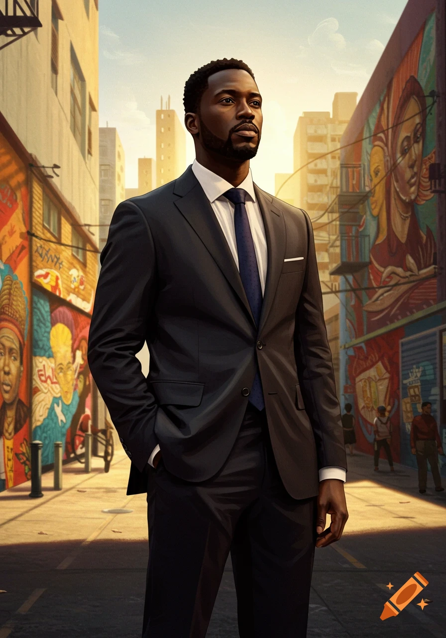 A Black man in a dark suit stands confidently on an urban street with vibrant graffiti murals, looking to his right.