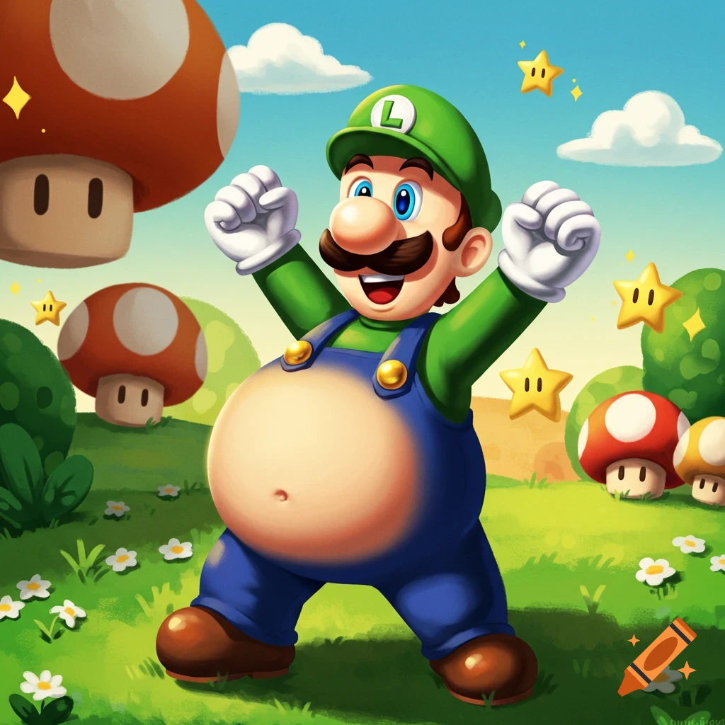 Fat Luigi jubilantly stands in a vibrant cartoon meadow with mushrooms and stars.