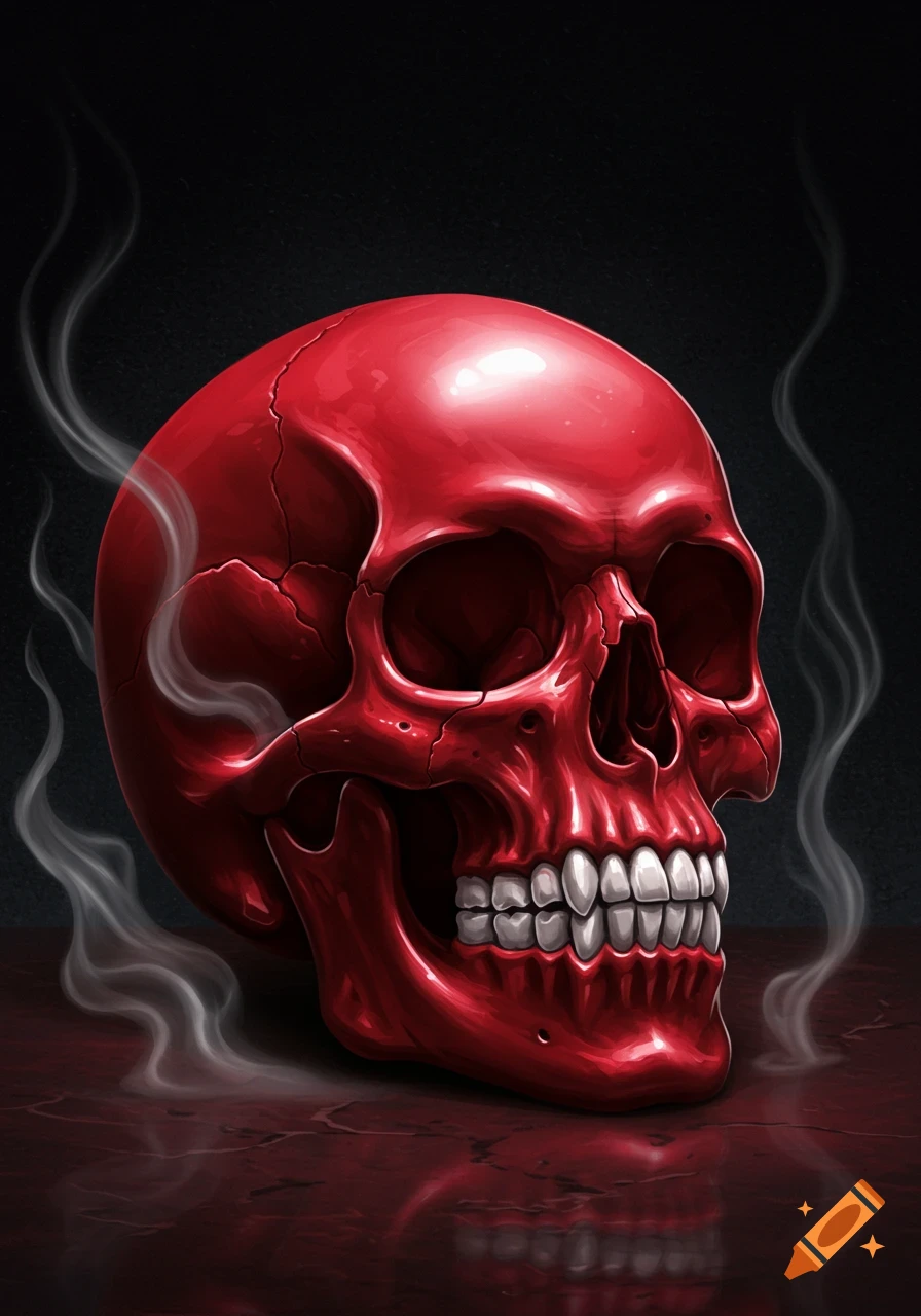 A glossy, bright red skull with white teeth, partially obscured by wisps of smoke, reflected on a dark surface.