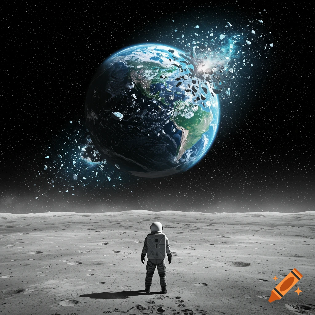 An astronaut stands on the moon, looking at a partially exploded Earth in the dark starry sky.