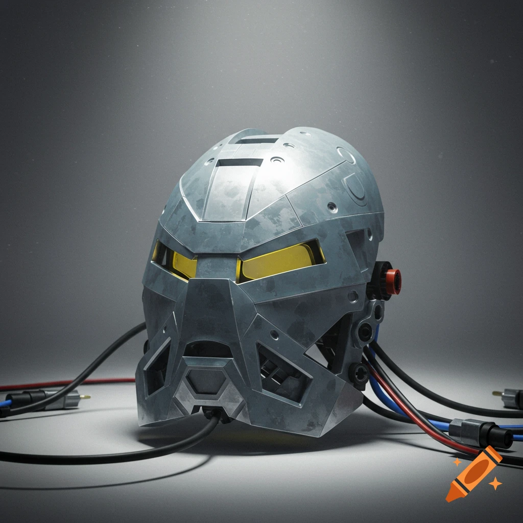 A detailed metallic bionicle-style helmet with a yellow visor and cables in a studio setup.