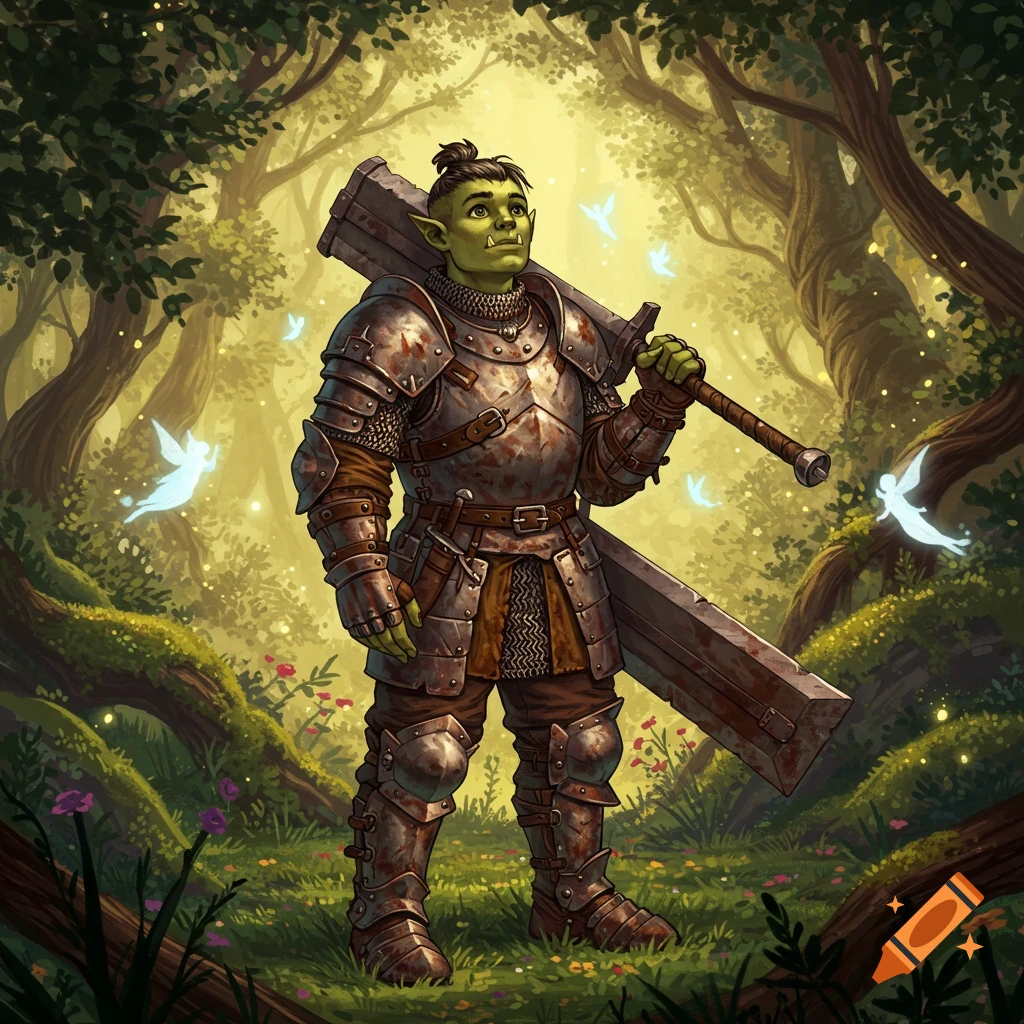 A young, green-skinned half-orc knight in rusted plate mail carries a huge sword on his back in an enchanted forest with glowing fairies.