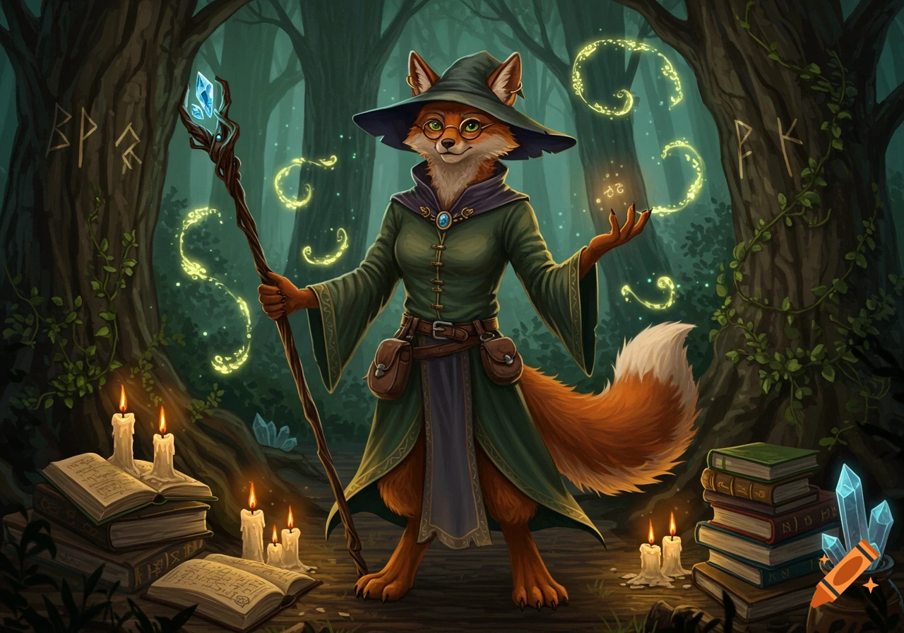 A friendly vulpine wizard in a green robe and witch hat holds a glowing staff and casts a spell in a mystical forest, surrounded by candles and spellbooks.