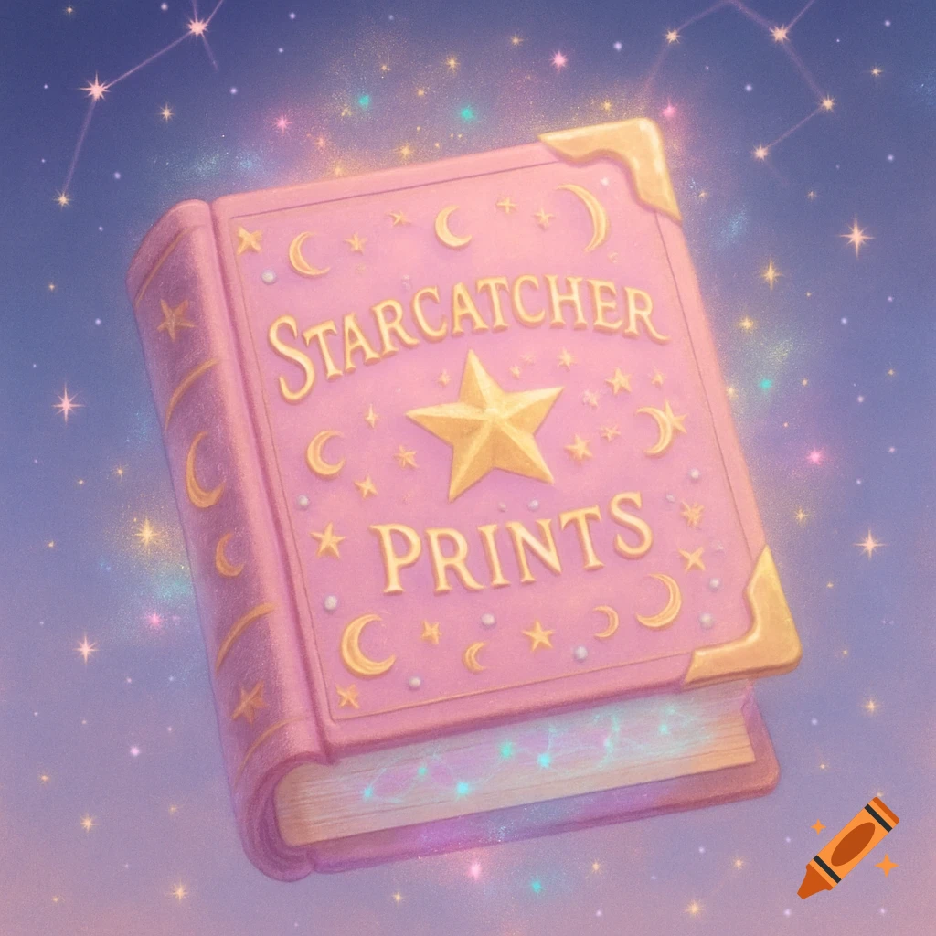A pink spell book with a golden star and 'STARCATCHER PRINTS' on the cover, floating amidst sparkling stars in a purple sky.