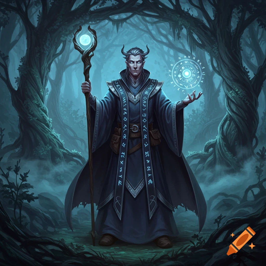A horned wizard holding a glowing staff and casting a spell in a dark, misty forest, digital art.