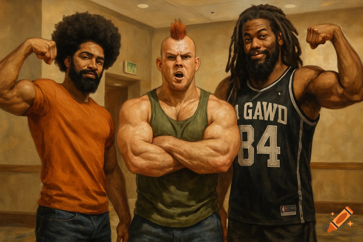 Three muscular men, one with an afro, one with a mohawk, and one with dreadlocks, pose and flex in an indoor setting.