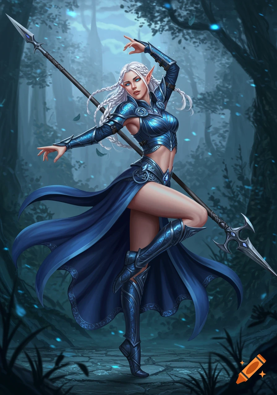 A beautiful female elf spear dancer with long silver braids, wearing blue armored attire and a flowing blue skirt, holding a spear in a mystical forest.