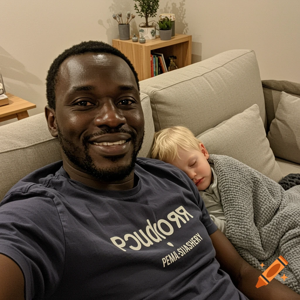 A man smiles broadly, taking a selfie on a couch with a blonde child sleeping peacefully against his chest under a blanket. Text on his shirt is illegible.