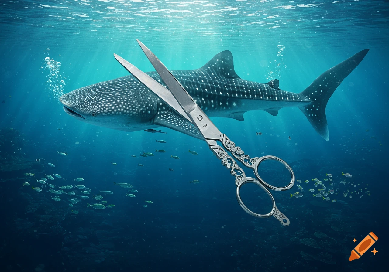 A large whale shark with white spots swims in clear blue ocean water, with a giant pair of ornate silver scissors floating in the foreground.