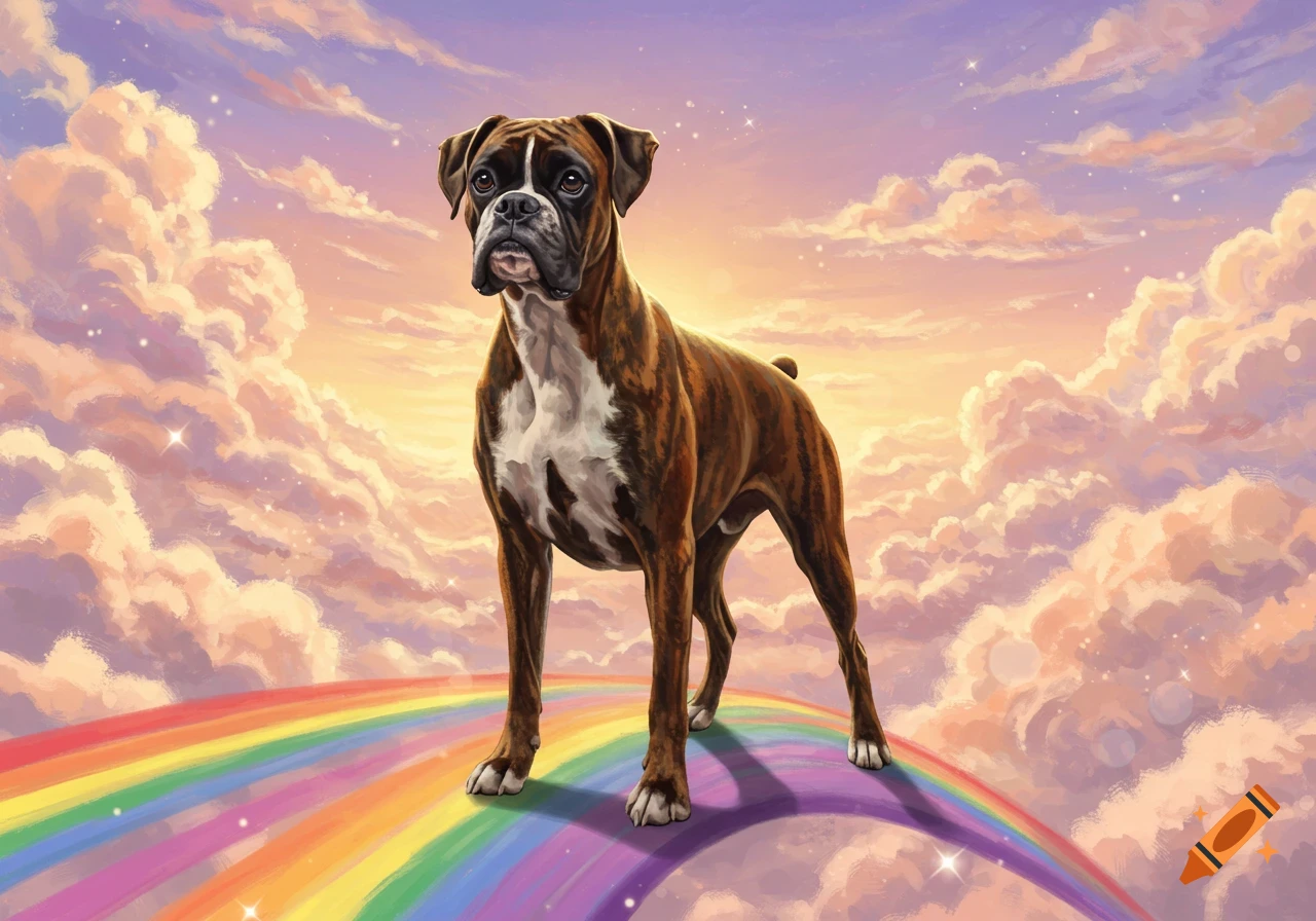 A boxer dog stands proudly on a vibrant rainbow bridge surrounded by fluffy, sparkling clouds and a pastel sky, digital art style.