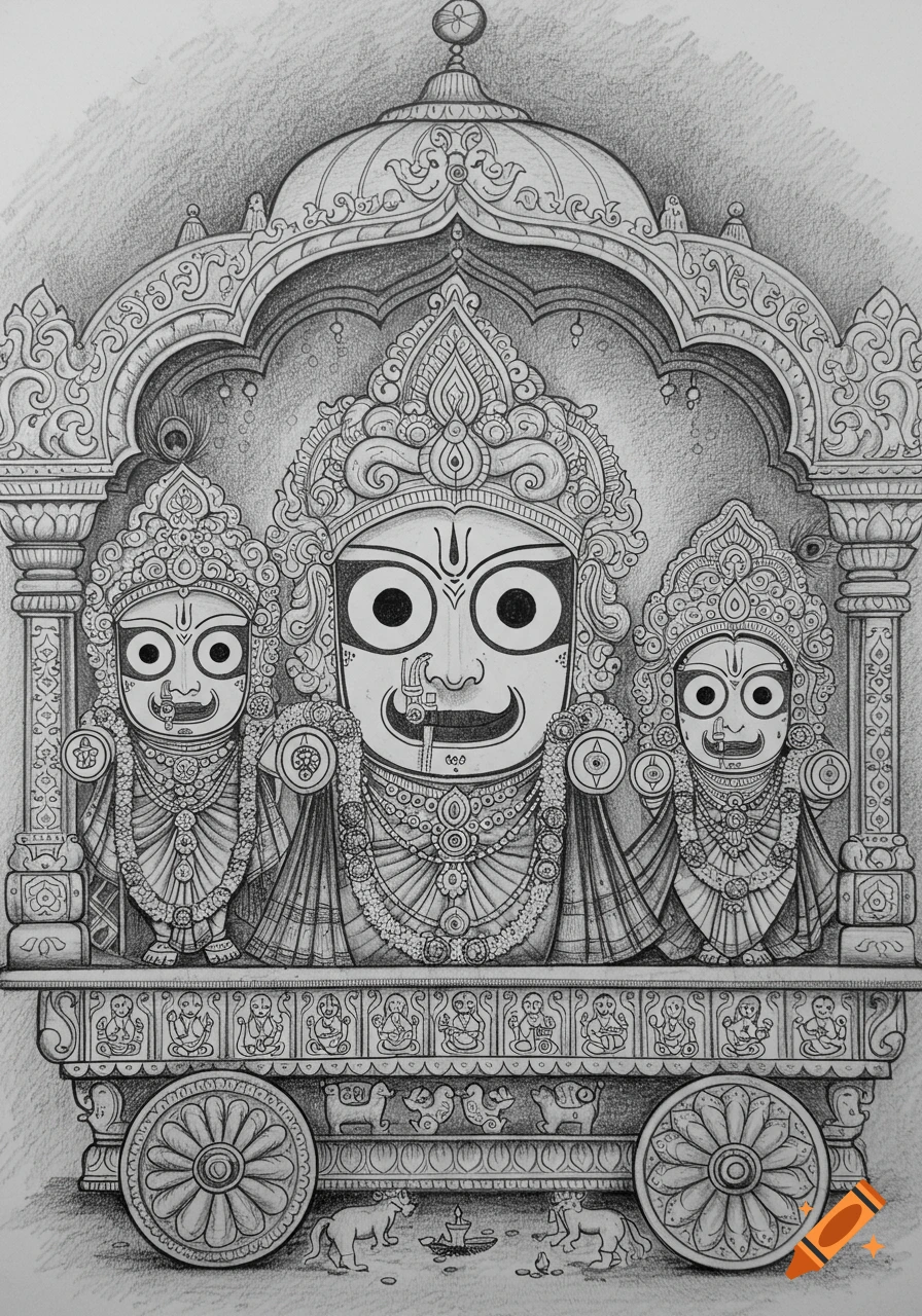 Pencil sketch of three stylized Hindu deities, Lord Jagannath, Balabhadra, and Subhadra, in an ornate structure on a wheeled base.