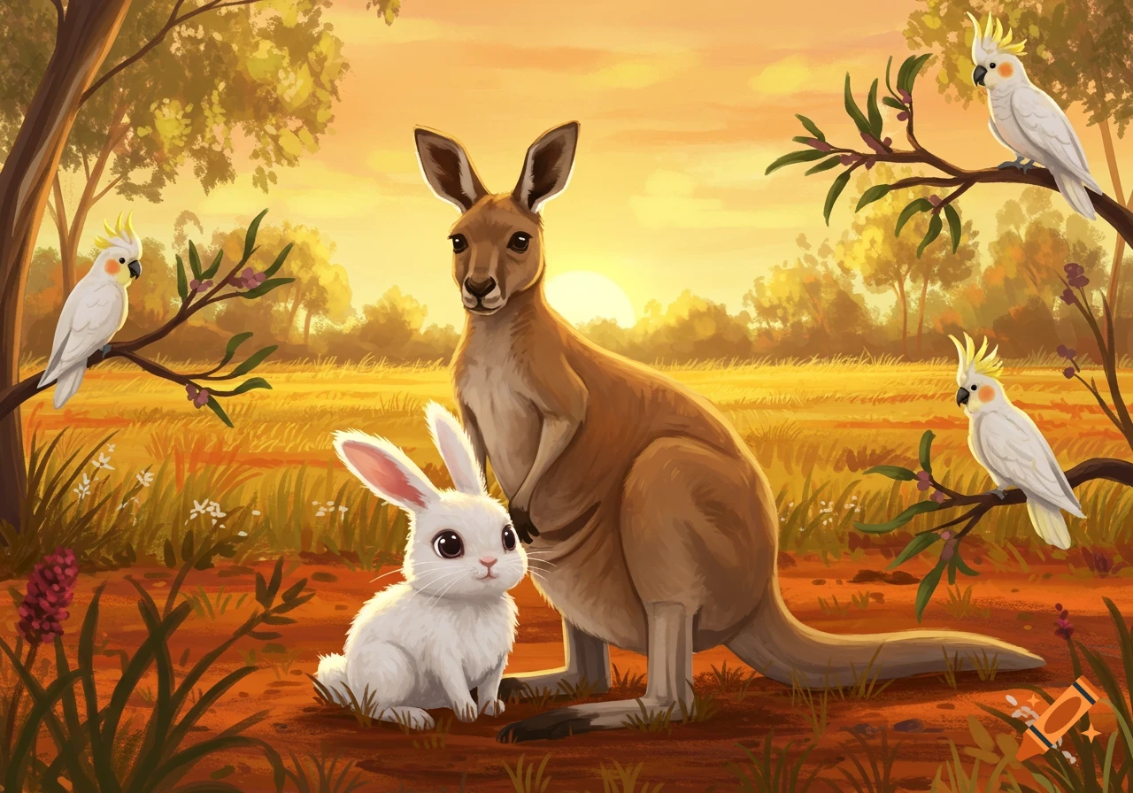 A colorful illustration of a kangaroo and a white rabbit standing together in an Australian landscape at sunset, with cockatoos in trees.