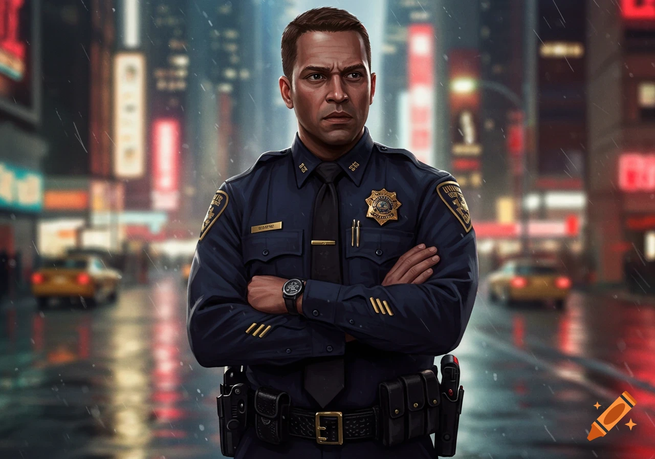 A concerned male police officer in a dark blue uniform stands with crossed arms in a rainy city street at night.