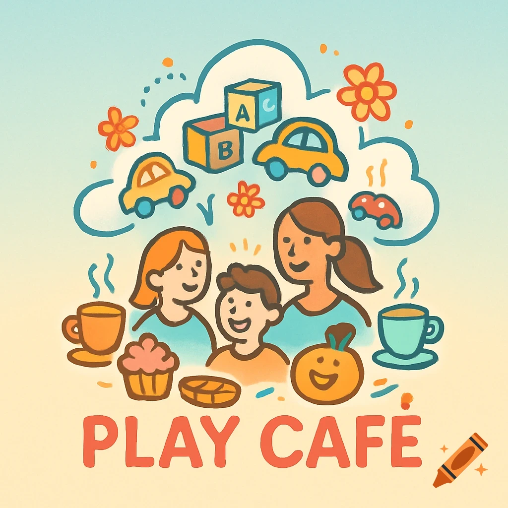 Colorful cartoon logo for a play cafe featuring adults, a child, toys, coffee, and snacks.