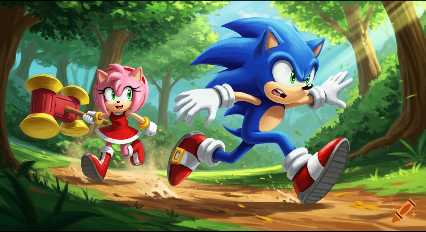 Sonic the Hedgehog runs away through a vibrant green forest, looking scared, as Amy Rose chases him with a large red and gold hammer. Cartoon illustration style.