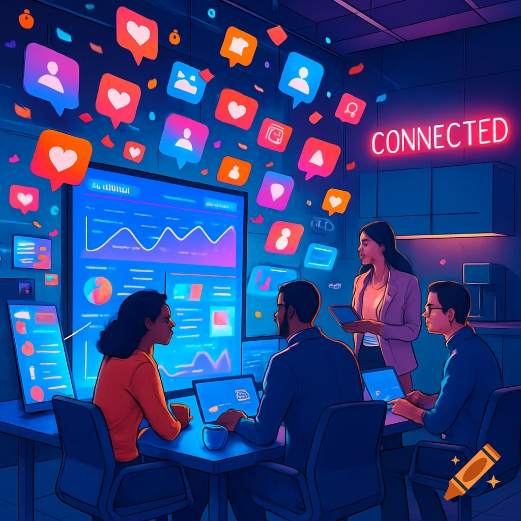 Four people work in a neon-lit room, looking at screens with charts and floating social media icons. A 'CONNECTED' sign glows.