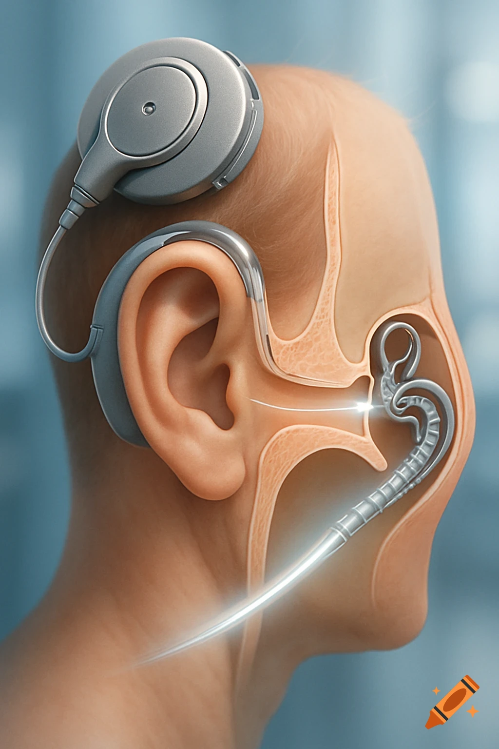 Detailed illustration of a human head with a cochlear implant showing the external device and internal components within the ear.