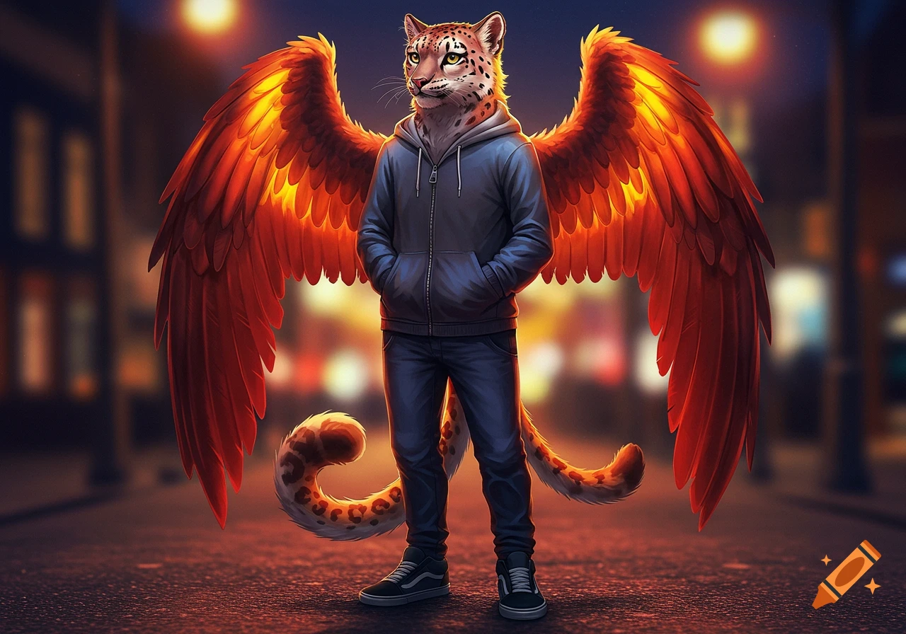 Anthropomorphic leopard-like creature with fiery wings, a spotted tail, dark hoodie, and jeans, standing on a street at night.