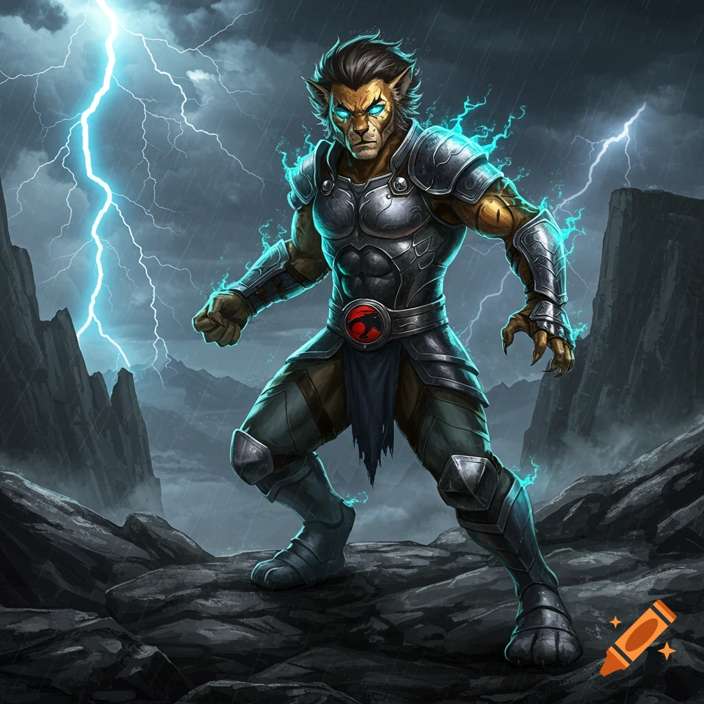 A muscular anthropomorphic lion warrior in armor with glowing blue eyes and electric energy in a stormy, rocky landscape with lightning.