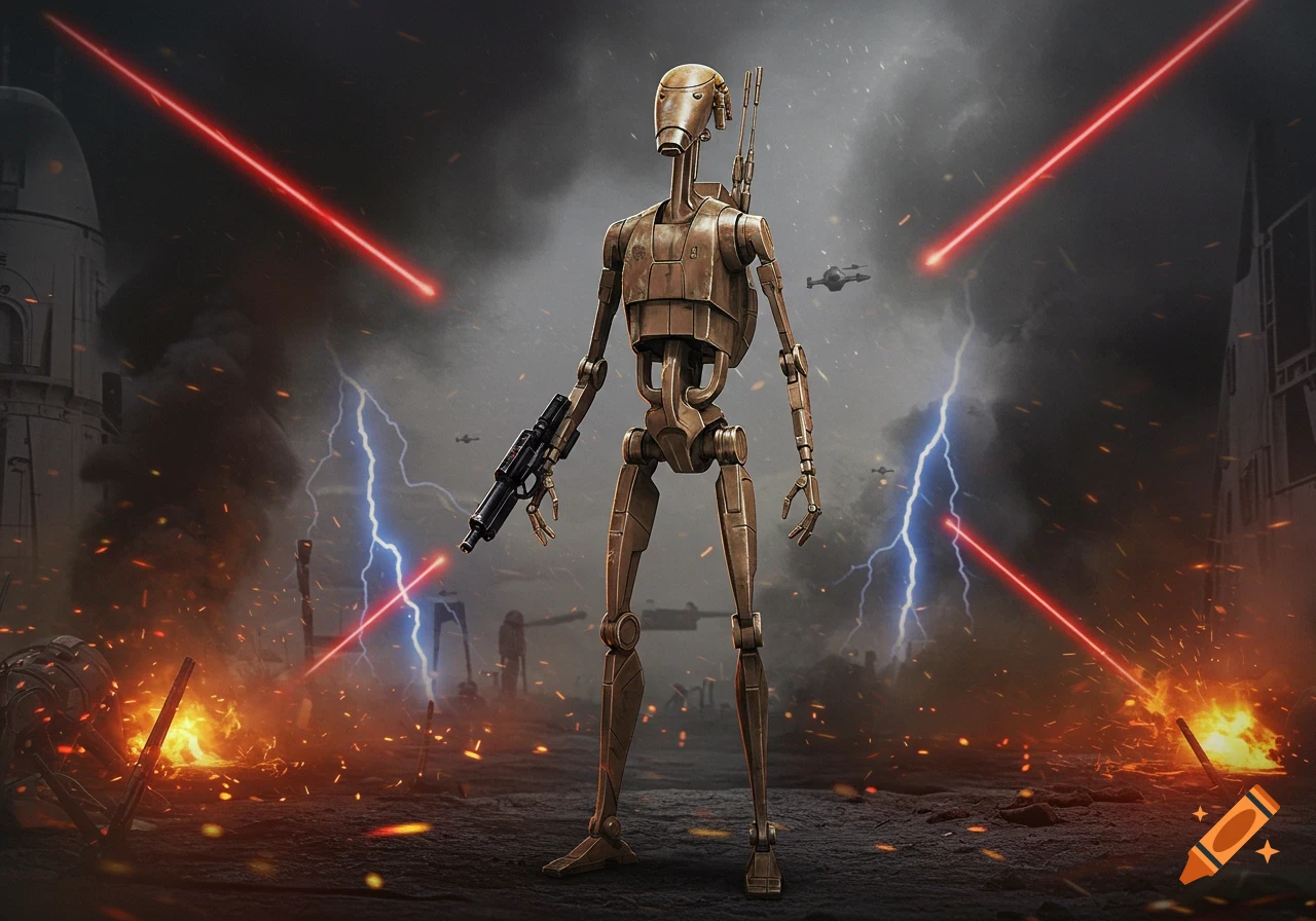 A B1 battle droid stands in a fiery war zone under a stormy sky with red laser blasts and lightning. Sci-fi art.