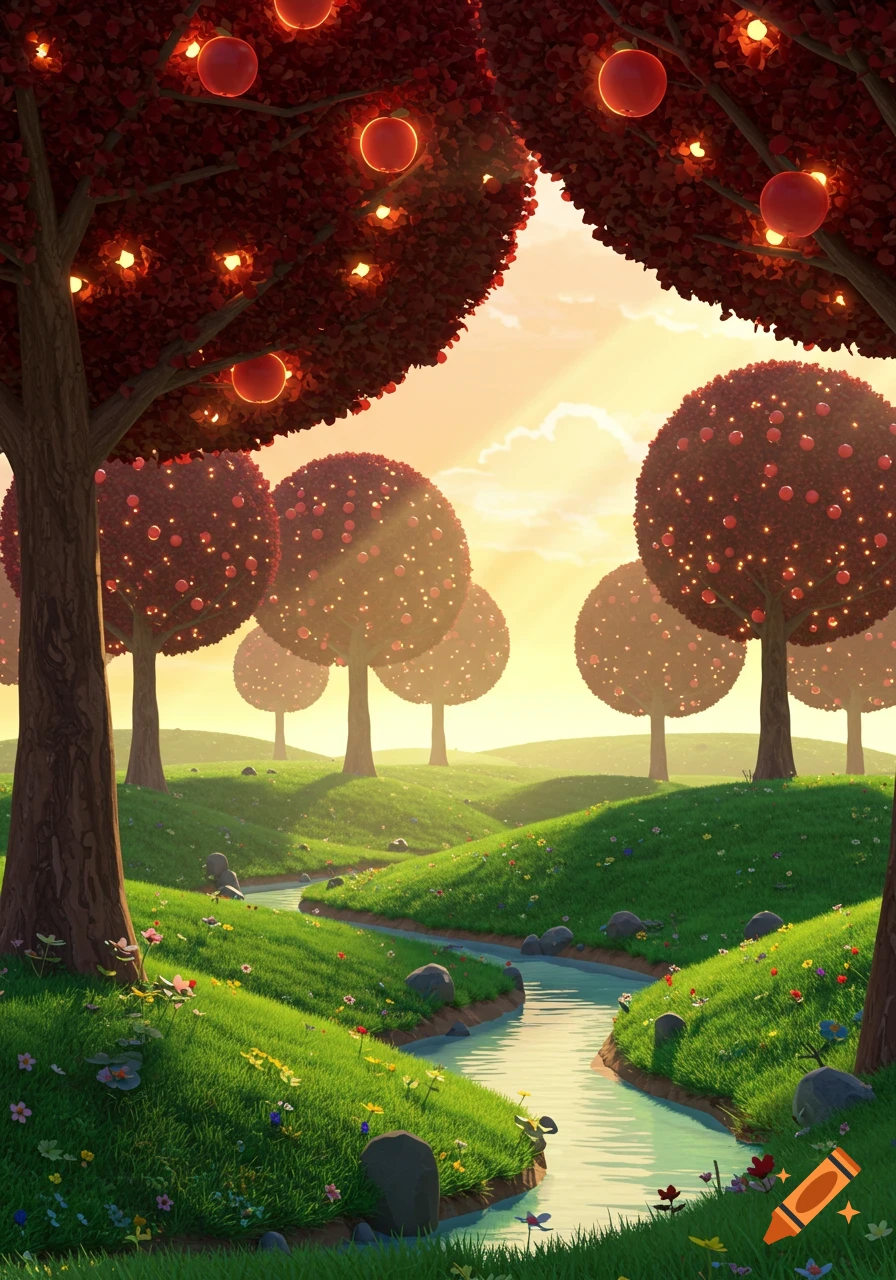 A vibrant, stylized landscape with red-leaved trees adorned with glowing fruit, a winding stream, and rolling green hills under a golden sunset.