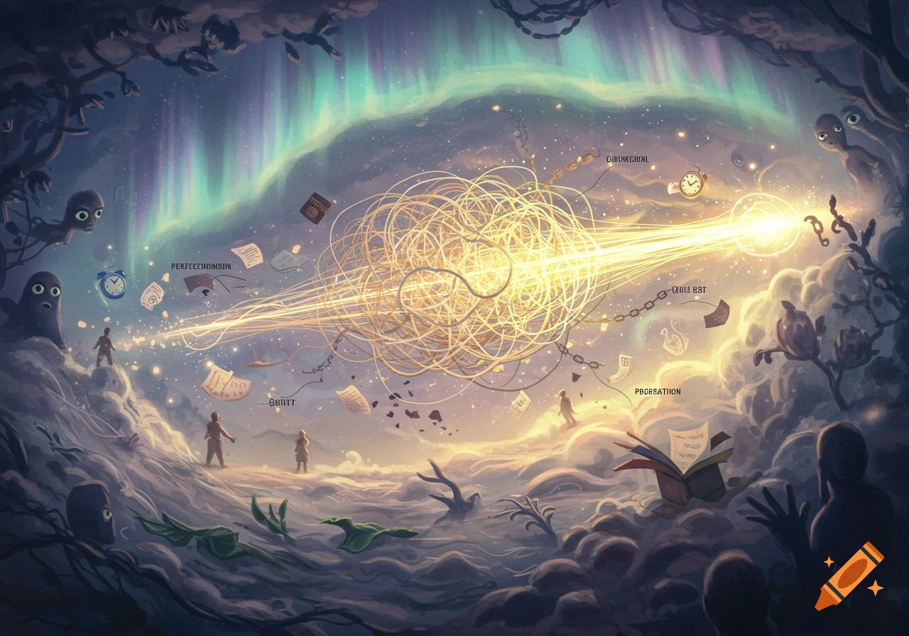 An ethereal, dreamlike scene with a glowing, tangled orb of light at its center, radiating energy streams. Figures, papers, and clocks float around it. The background features aurora-like colors and shadowy, watchful eyes at the edges.