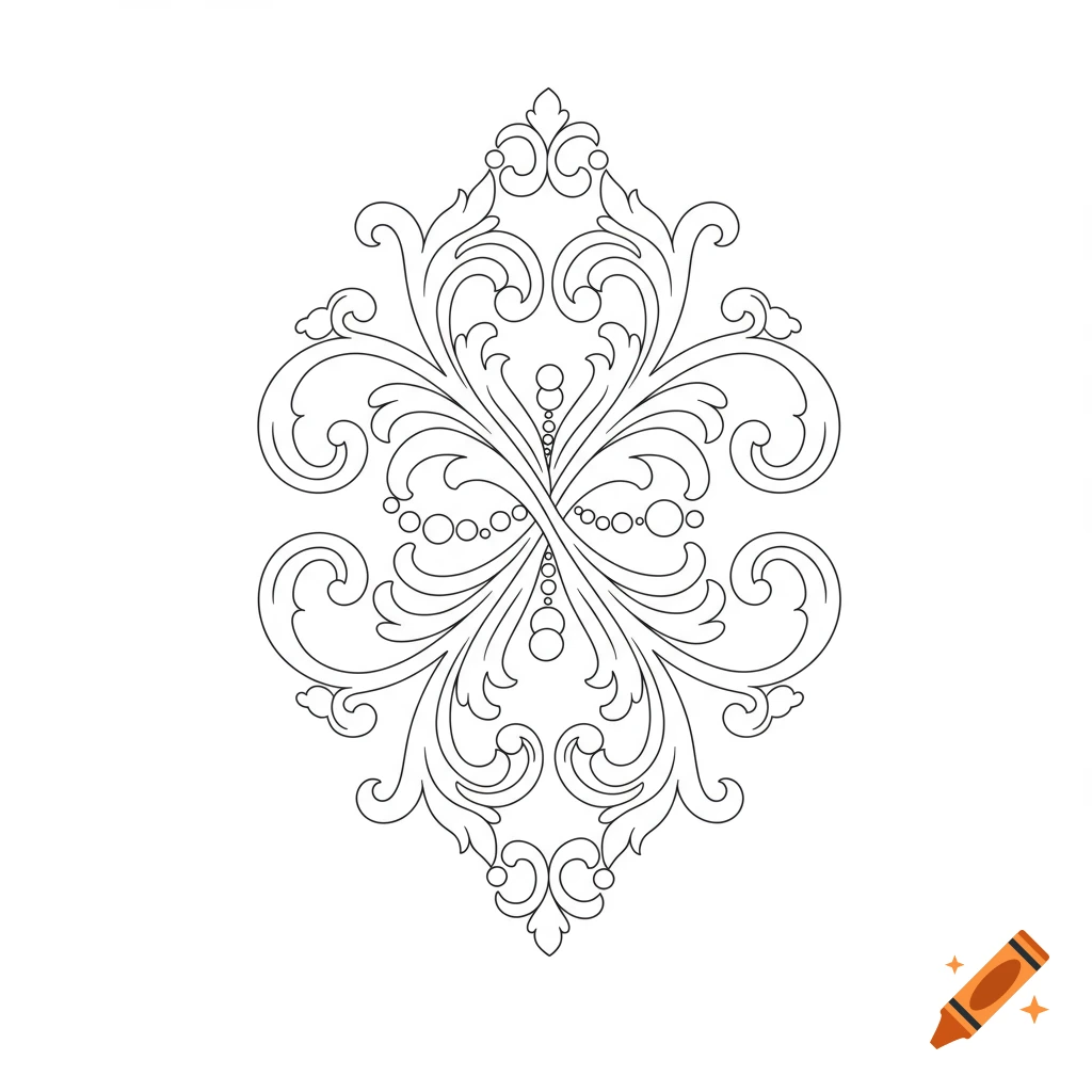 Symmetrical black and white ornamental flourish with intricate scrollwork and bead-like elements.