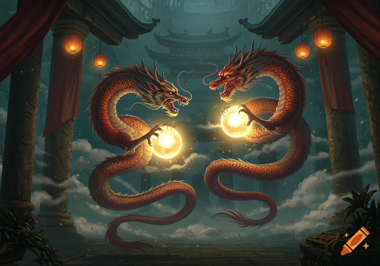 Two detailed red and gold Chinese dragons holding glowing orbs in a dark temple with lanterns and clouds.