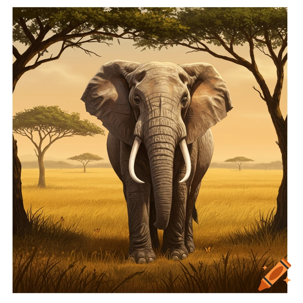 An elephant with large tusks stands centered in a golden savanna landscape, framed by trees with green foliage. Butterflies flutter in the foreground.