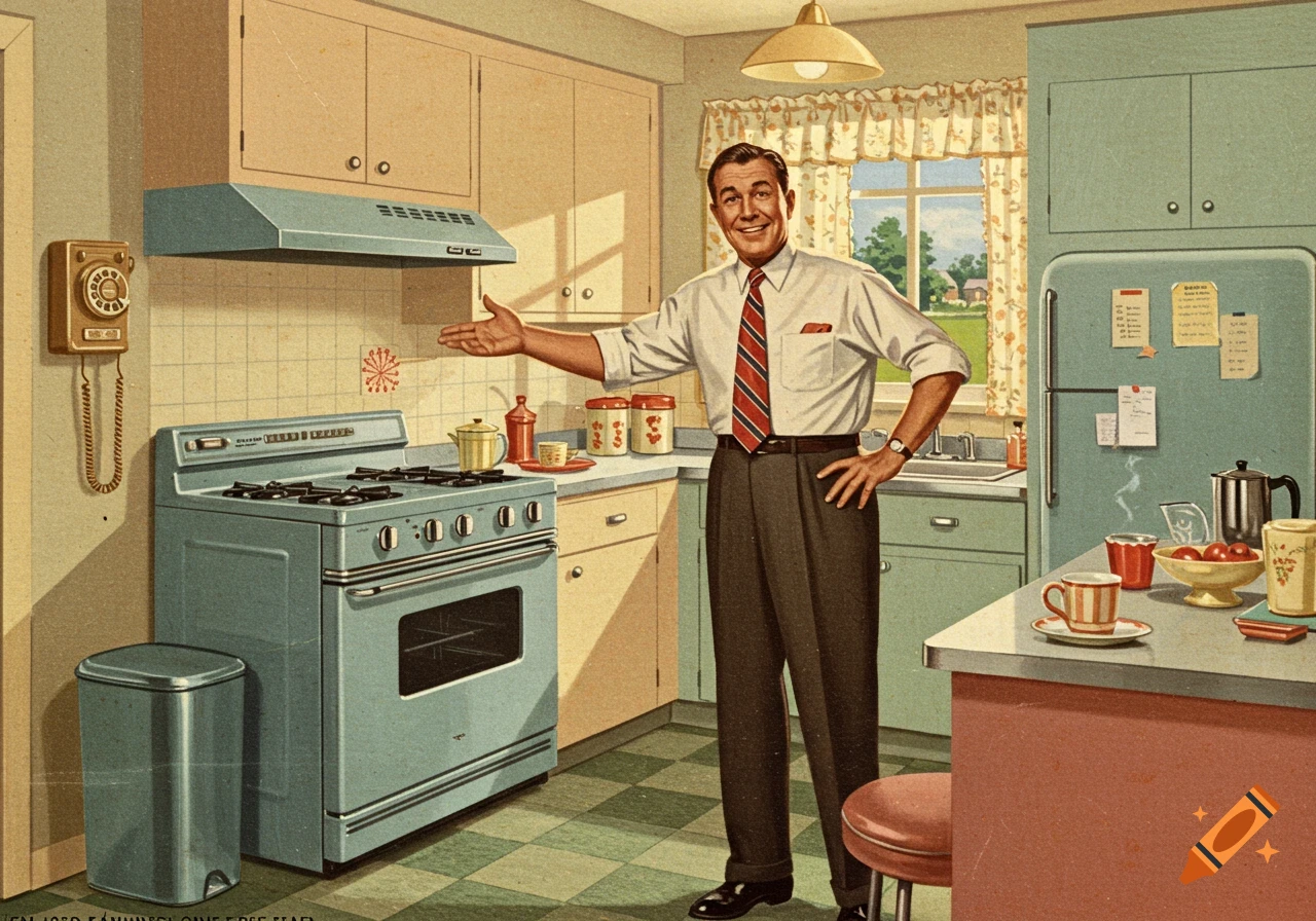 A man in a 1950s kitchen, in a white shirt and striped tie, proudly gesturing towards a blue stove and beige cabinets. The scene has a vintage advertisement style.