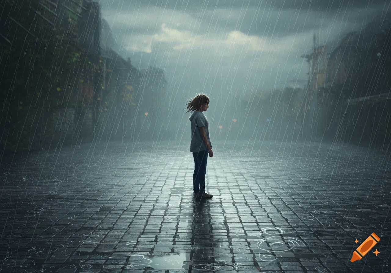 A lone figure stands on a wet, cobbled street in heavy rain, with blurred buildings in the background.