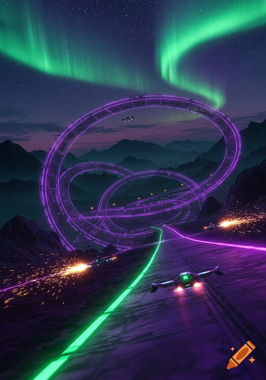 Futuristic sci-fi racing vehicles on a neon purple and green track through mountains under an aurora borealis.