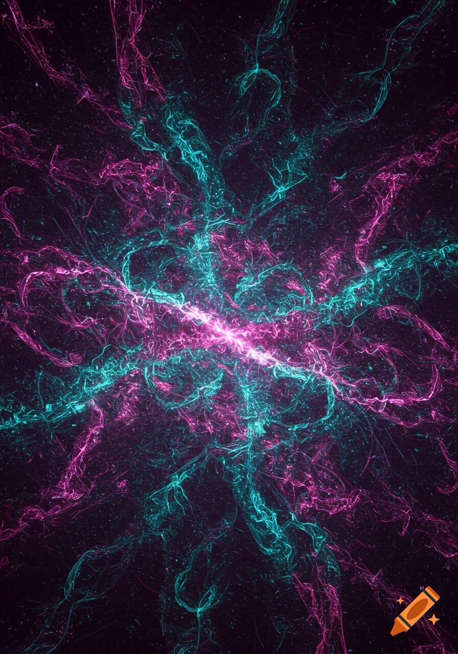 Vibrant pink and teal glowing fractal-like energy lines radiating from a central point on a dark background.