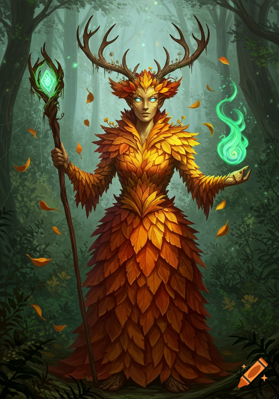 A fantasy nature spirit with deer antlers, glowing eyes, and an autumn leaf dress, holding a staff and conjuring green magic in a forest.