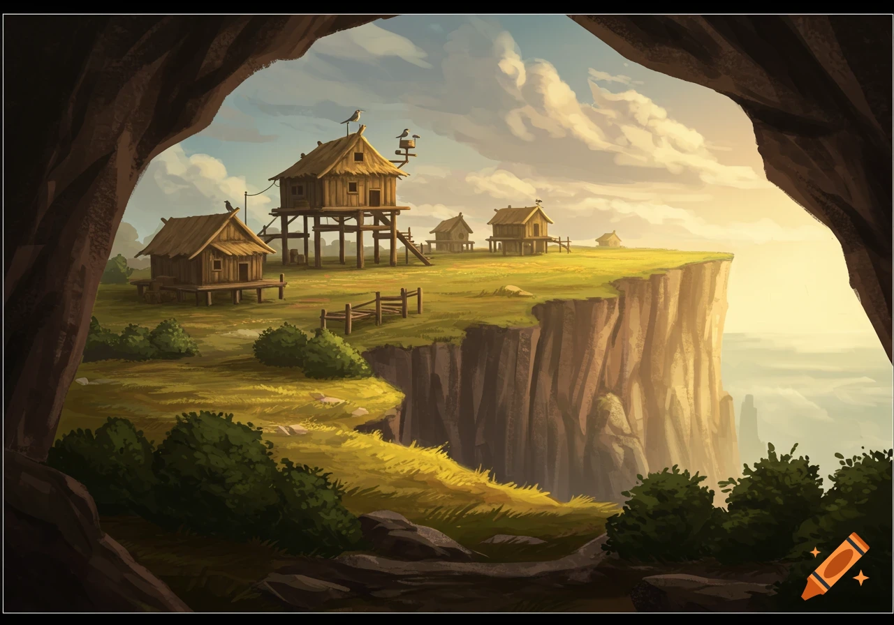 Illustrated view from a cave of wooden stilt houses on a sunny cliff overlooking a misty sea.
