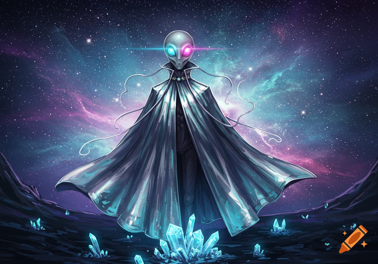 An alien in a flowing cape with one pink and one blue eye stands on a crystal-covered alien world under a starry, nebula-filled sky. Sci-fi art.