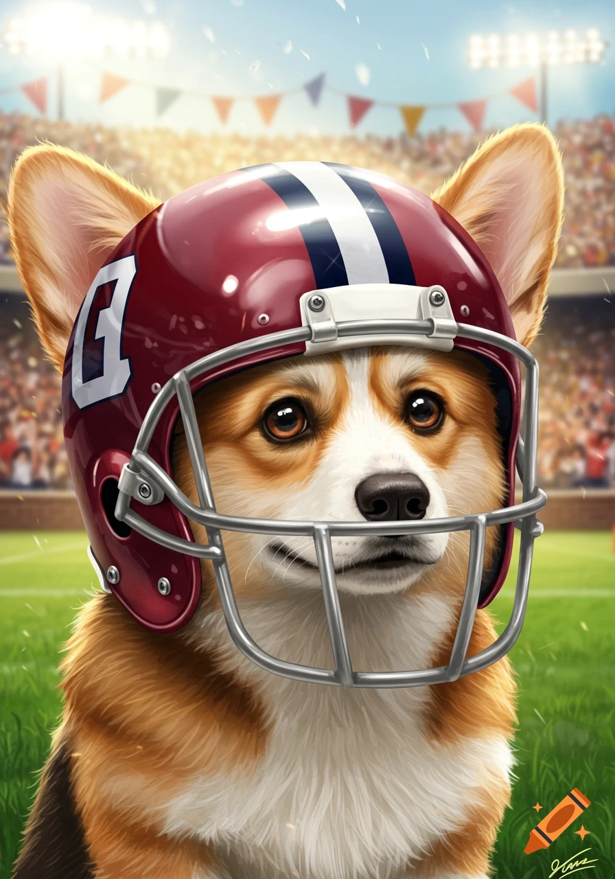 A cute corgi dog wearing a red football helmet with a 'G' on the side, in a stadium during a game.