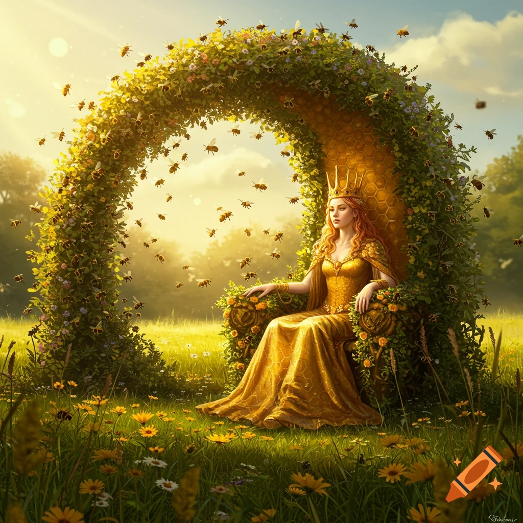 A queen in a golden gown sits on a throne made of a honeycomb arch covered in leaves and flowers, surrounded by flying bees in a sunny field.