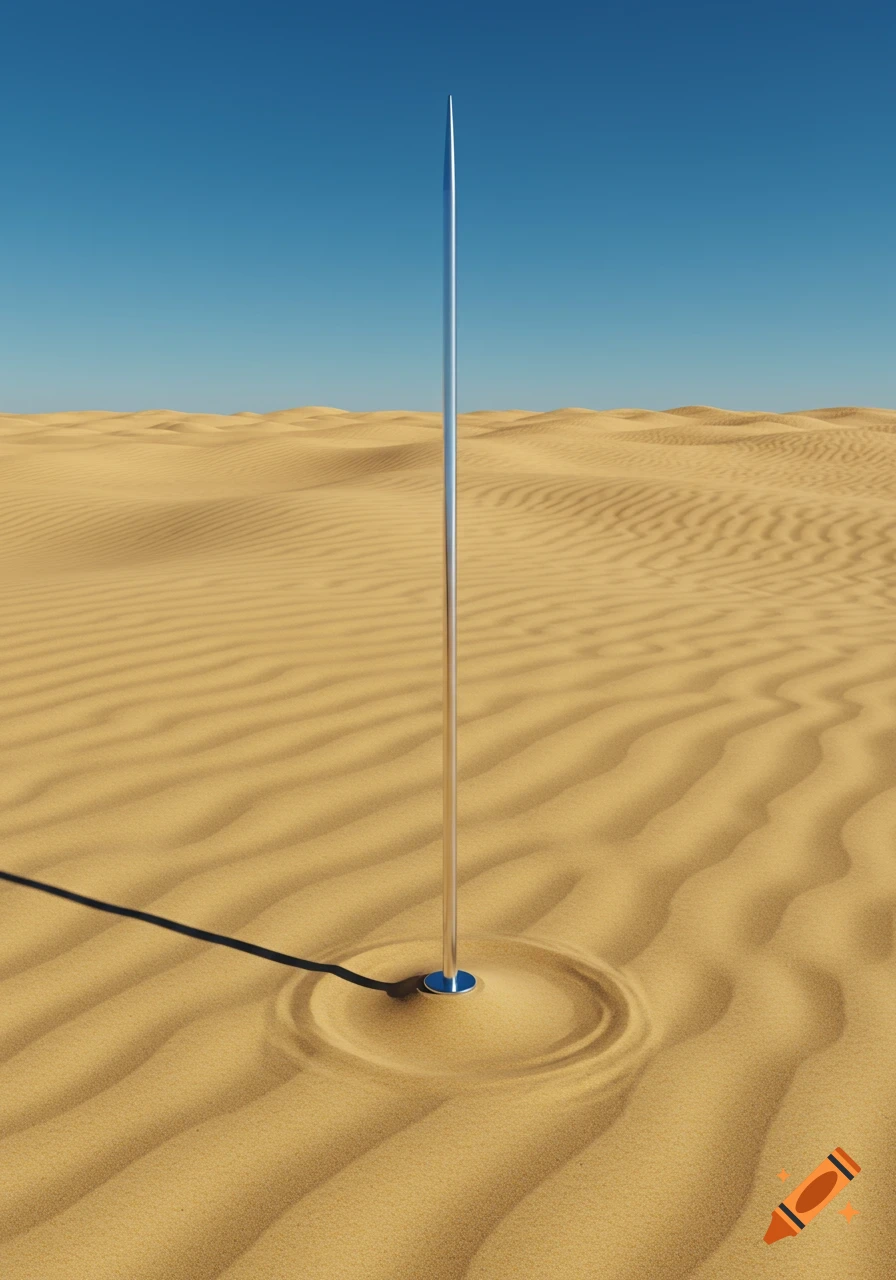 A tall, slender silver pole with a pointed top stands upright in a vast, rippled sand desert under a clear blue sky.