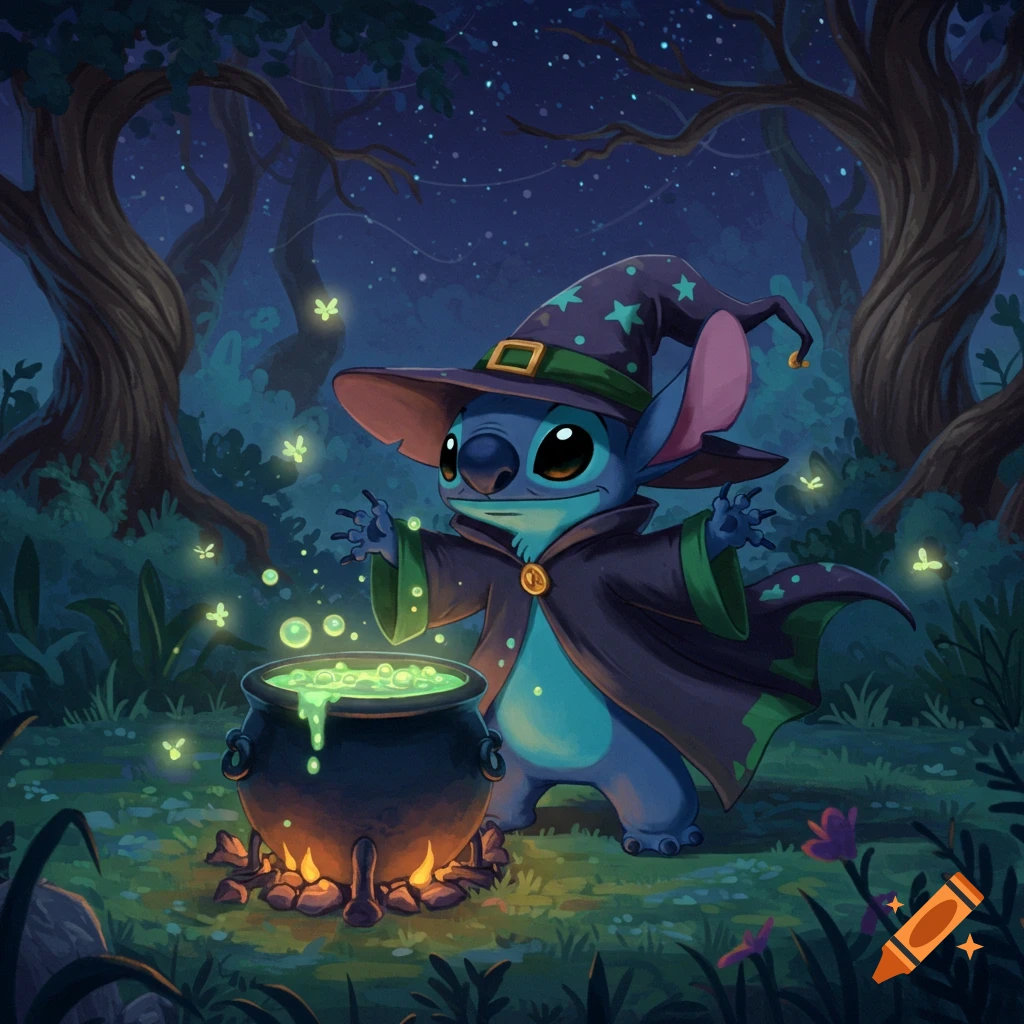 Stitch dressed as a witch, stirring a glowing green potion in a cauldron in a dark, magical forest at night.