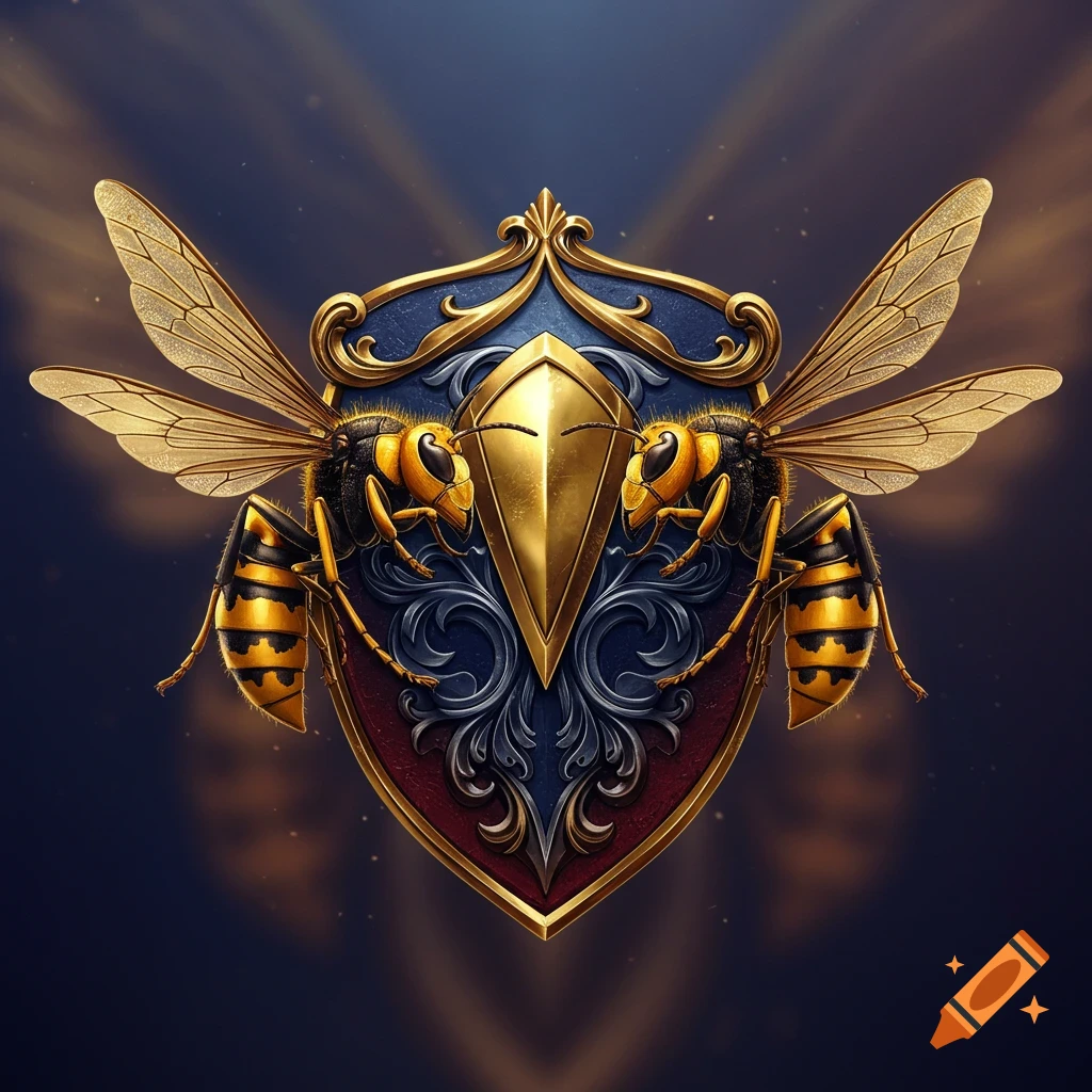 Ornate blue, red, and gold shield-shaped badge with two highly detailed yellow and black hornets on each side, on a dark, glowing background.