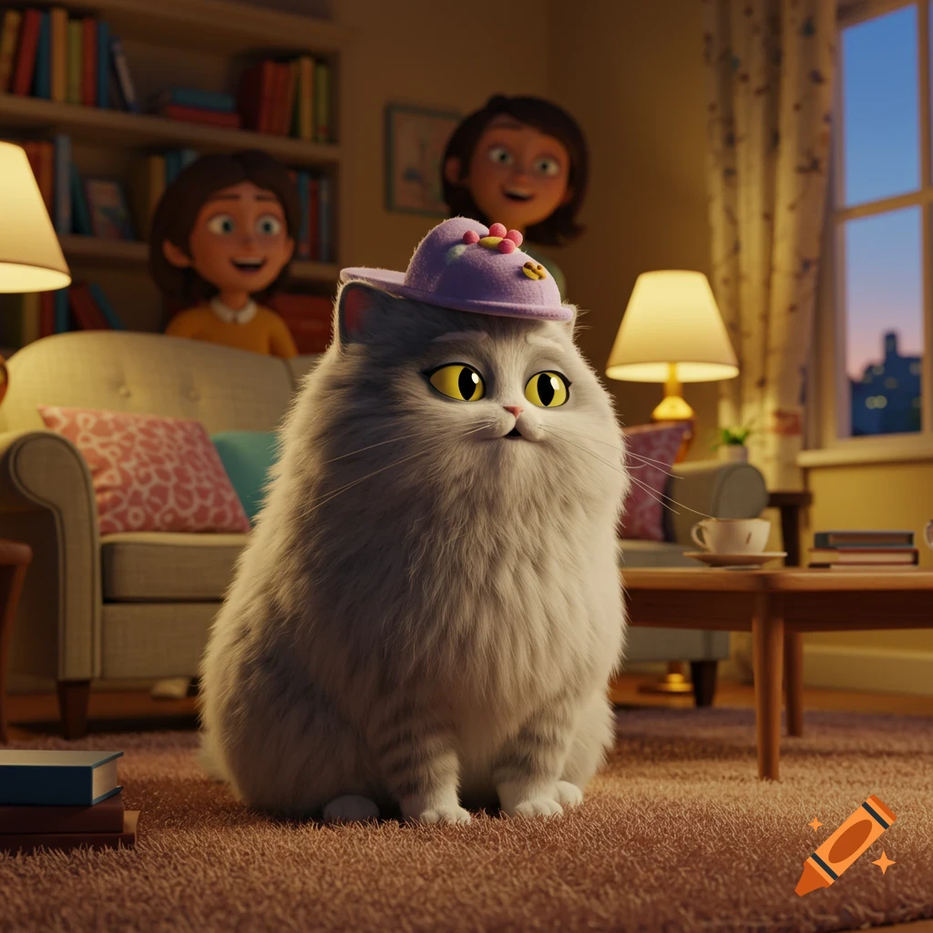 A fluffy grey cat wearing a purple hat sits in a living room, with two smiling animated girls in the background.