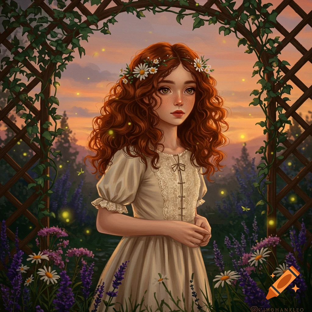 A girl with curly red hair and a daisy crown stands in a garden with lavender and a trellis at sunset, digital art style.