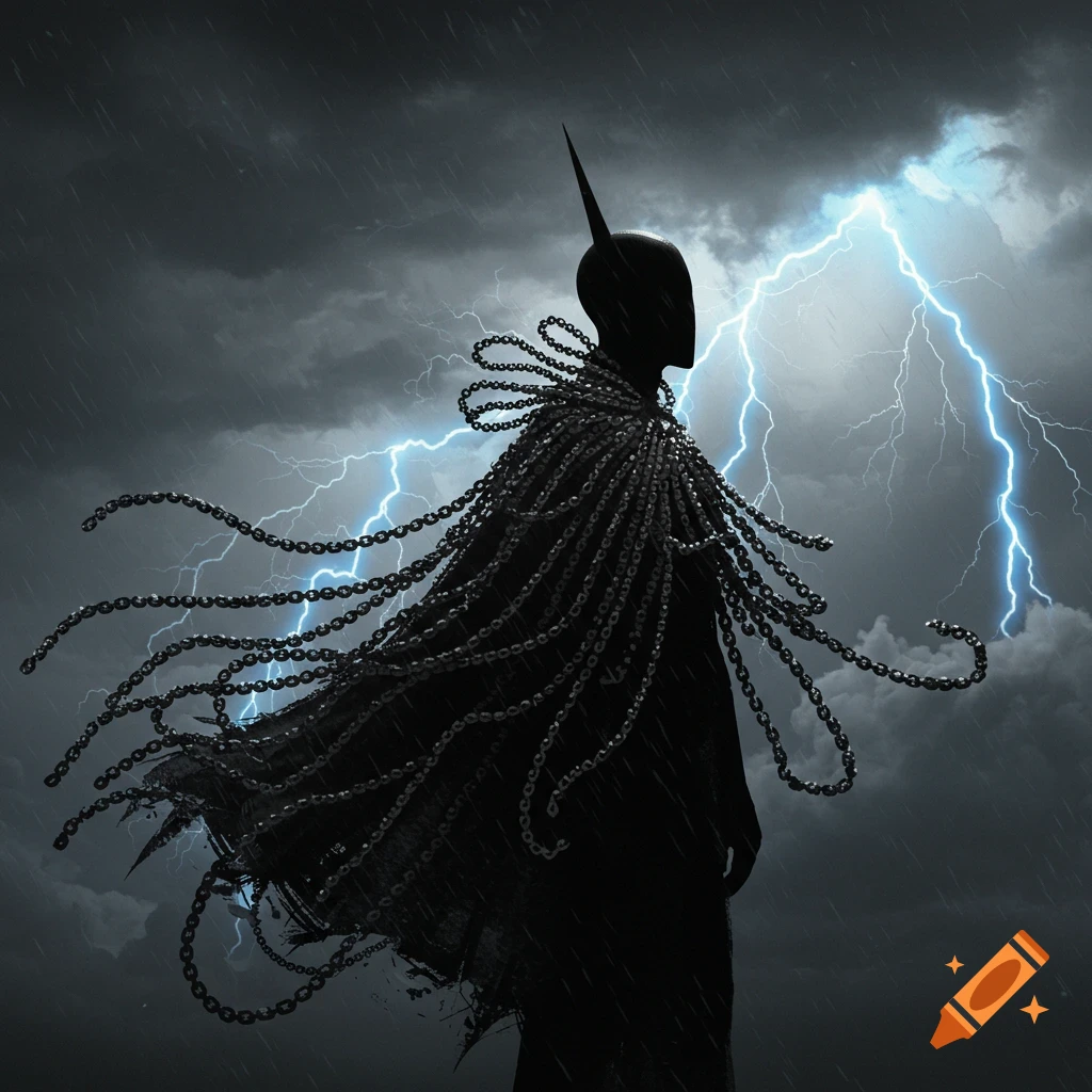 Dark silhouette of a Batman-like figure with a cape made of chains stands in a heavy rainstorm with lightning.